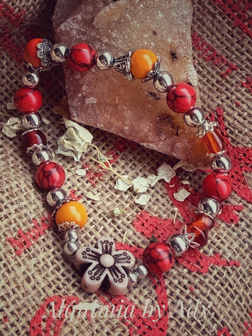 Alquimia Red turquoise , Orange & Yellow Floral Bead Bracelet